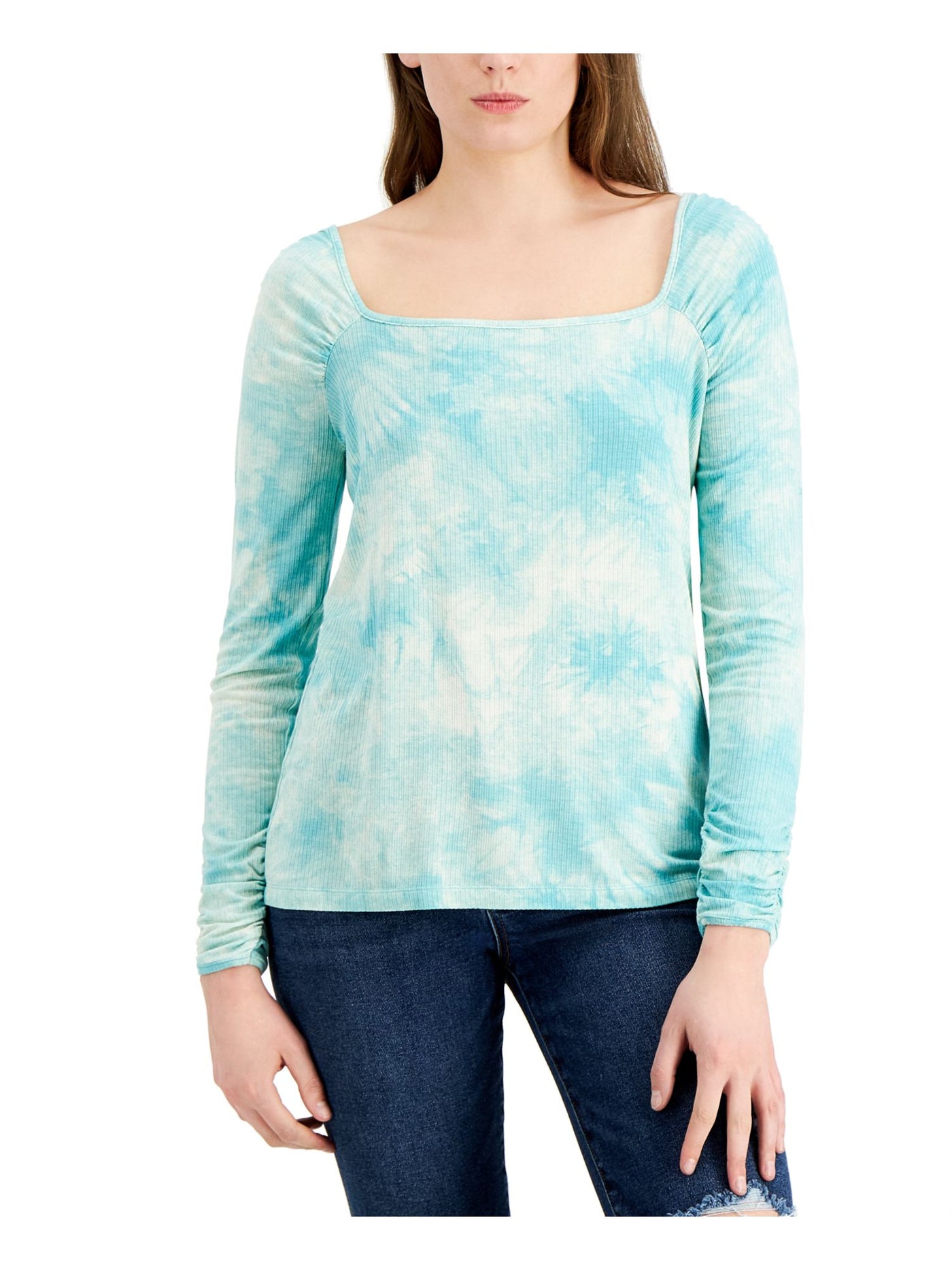 FEVER Womens Aqua Ribbed Tie Dye Long Sleeve Square Neck Top XL