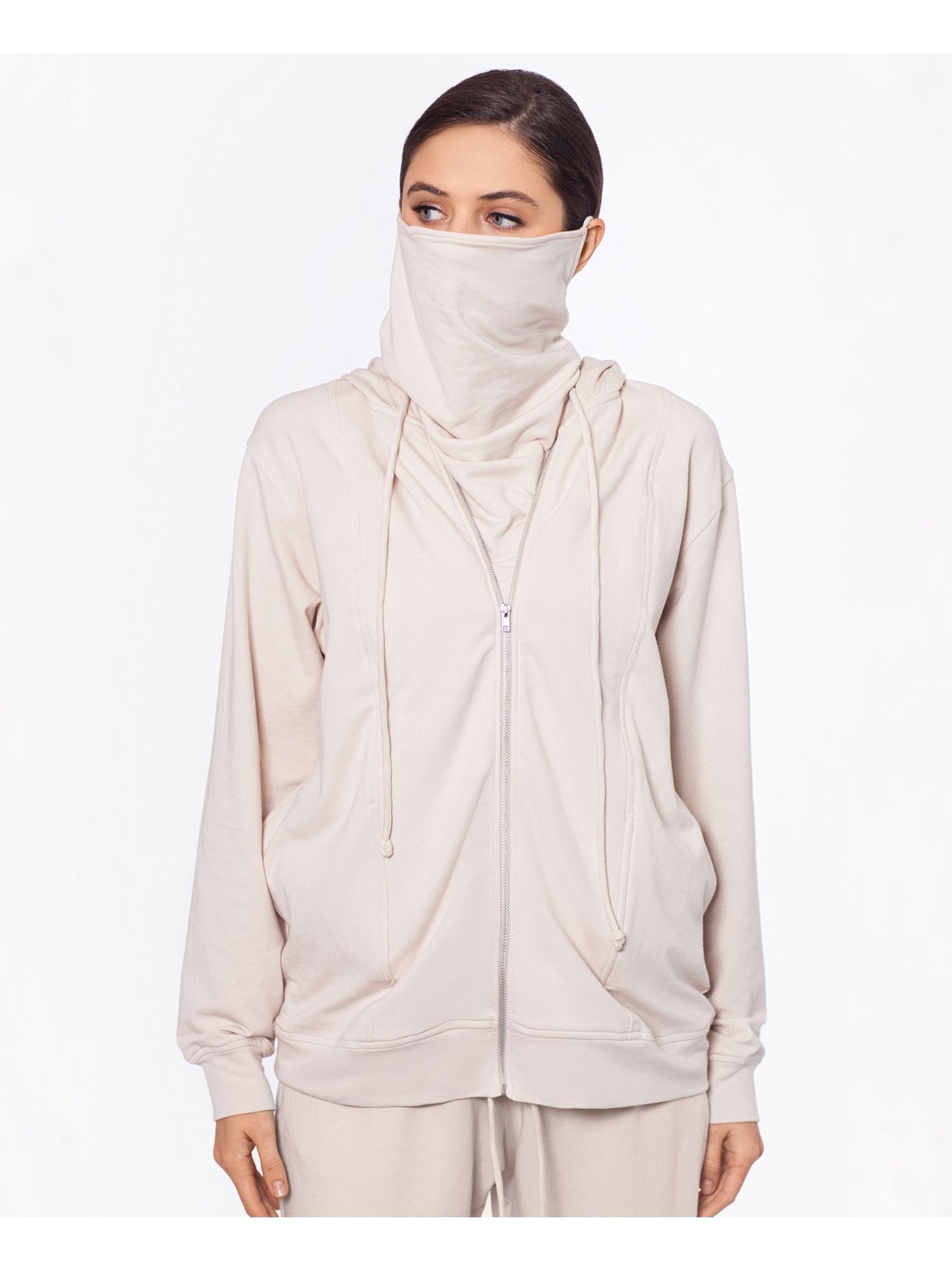 BAM BY BETSY & ADAM Womens Beige Stretch Zippered Pocketed With Removable Mask Long Sleeve Hoodie Top XS