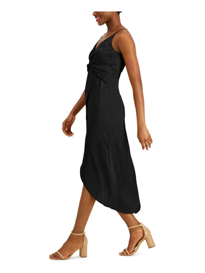 BAR III Womens Black Twist-front Spaghetti Strap V Neck Midi Hi-Lo Dress S