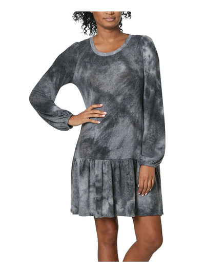 ULTRA FLIRT Womens Gray Tie Dye Long Sleeve Crew Neck Above The Knee Drop Waist Dress L