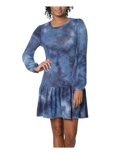 ULTRA FLIRT Womens Blue Tie Dye Long Sleeve Crew Neck Above The Knee Drop Waist Dress XL