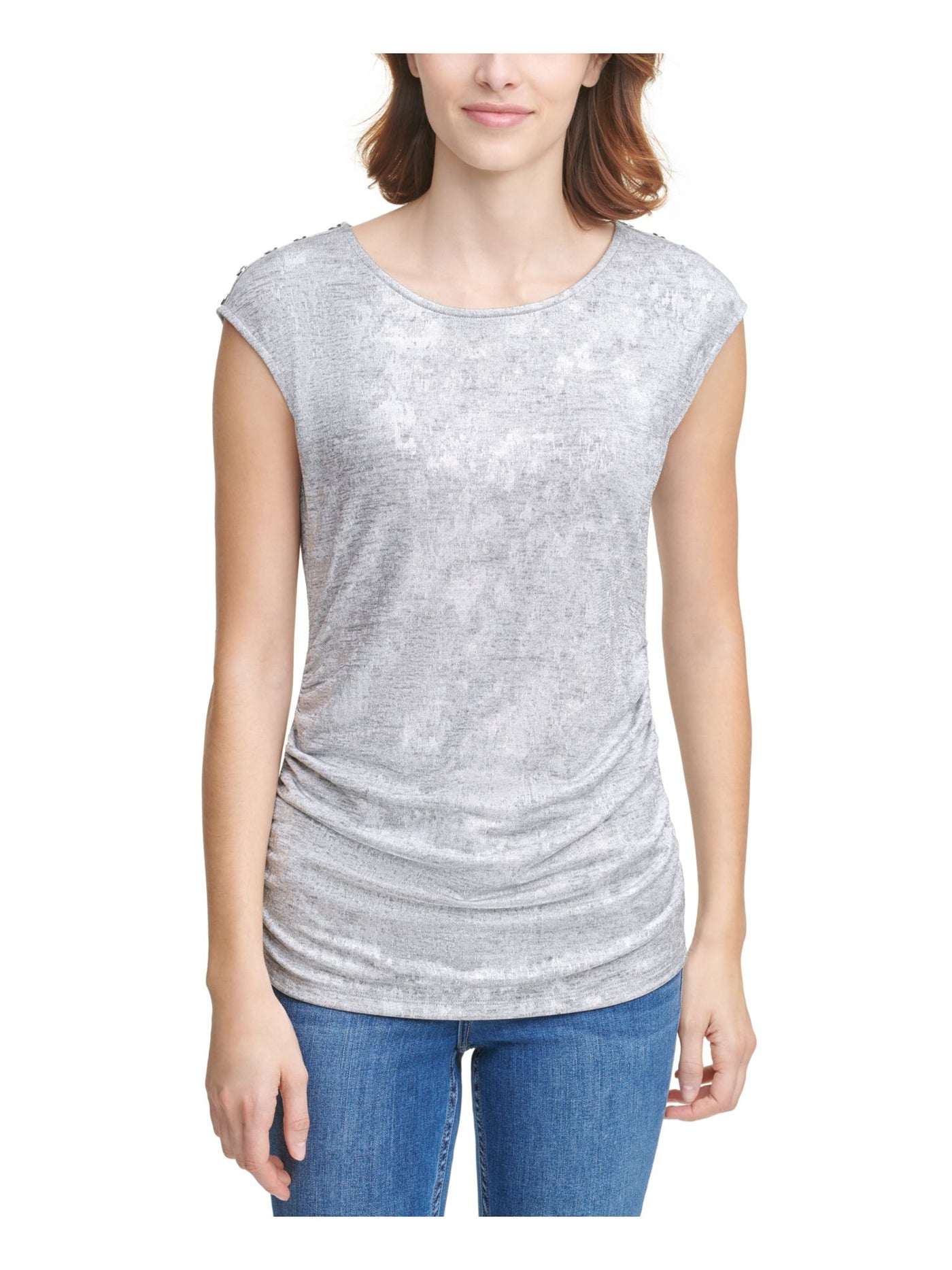 CALVIN KLEIN Womens Silver Cap Sleeve Scoop Neck Top XS