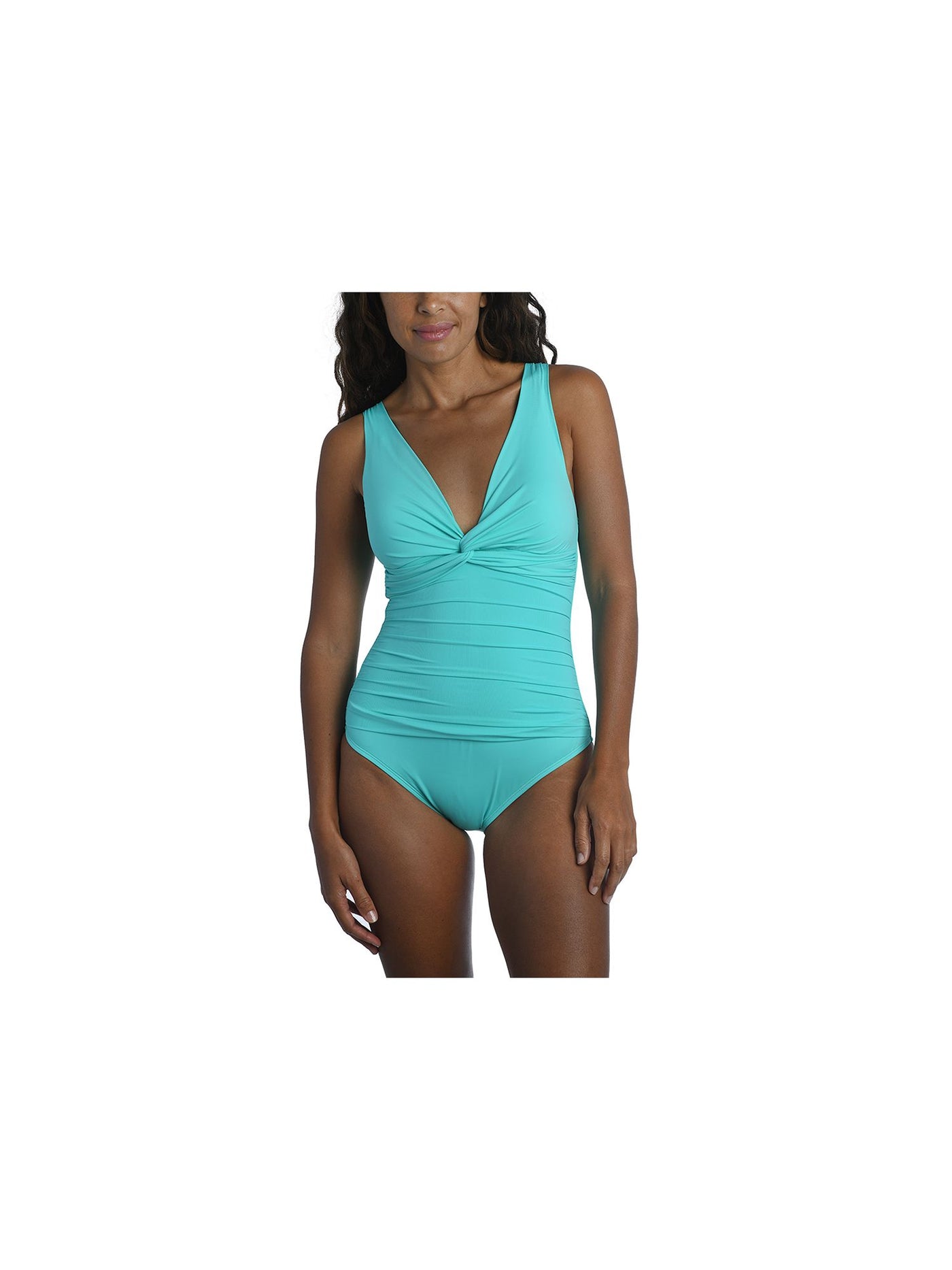 LA BLANCA Women's Aqua Stretch Tummy Control V-Neck Tie At Back Moderate Coverage Twist Front One Piece Swimsuit 6