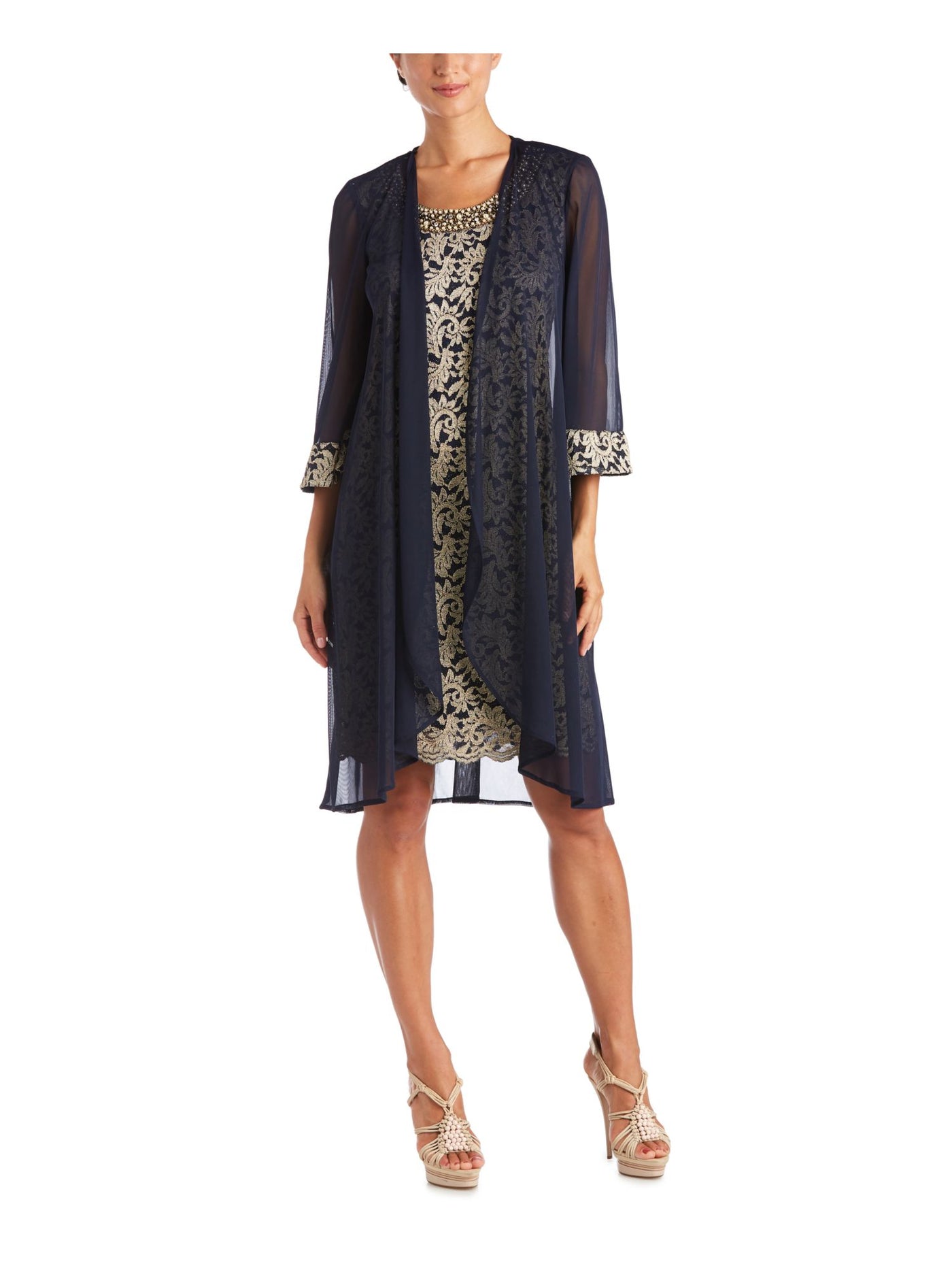R&M RICHARDS Womens Navy Sheer Contrast Embroidered Cuffs 3/4 Sleeve Open Front Wear To Work Waterfall Cardigan 6