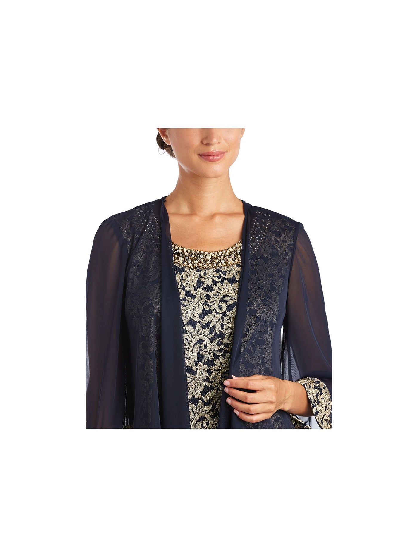 R&M RICHARDS Womens Navy Sheer Contrast Embroidered Cuffs 3/4 Sleeve Open Front Wear To Work Waterfall Cardigan 6