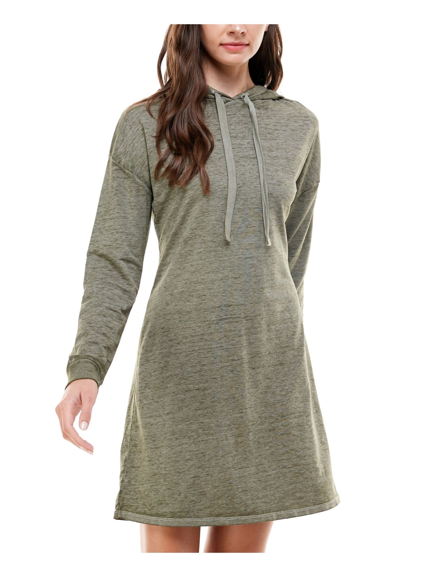 PLANET GOLD Womens Green Unlined Drawstring Hood Pullover Heather Long Sleeve Above The Knee Sheath Dress XXS