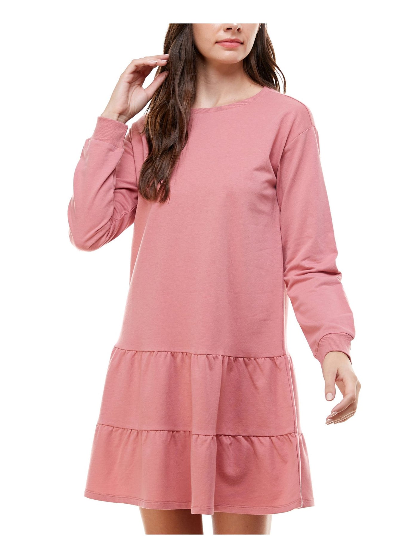 PLANET GOLD Womens Ruffled Long Sleeve Crew Neck Short A-Line Dress