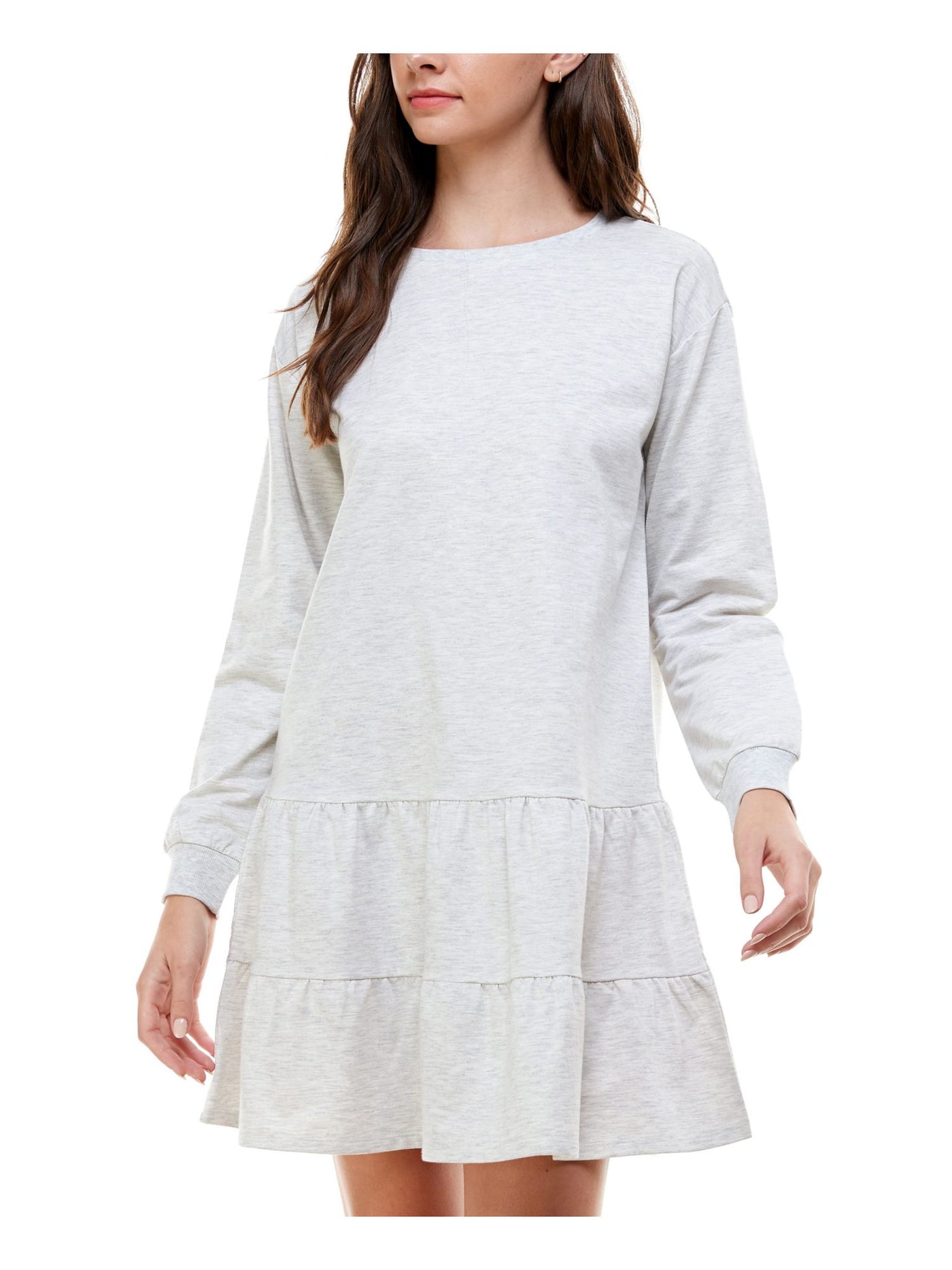 PLANET GOLD Womens Gray Ruffled Long Sleeve Crew Neck Short A-Line Dress S
