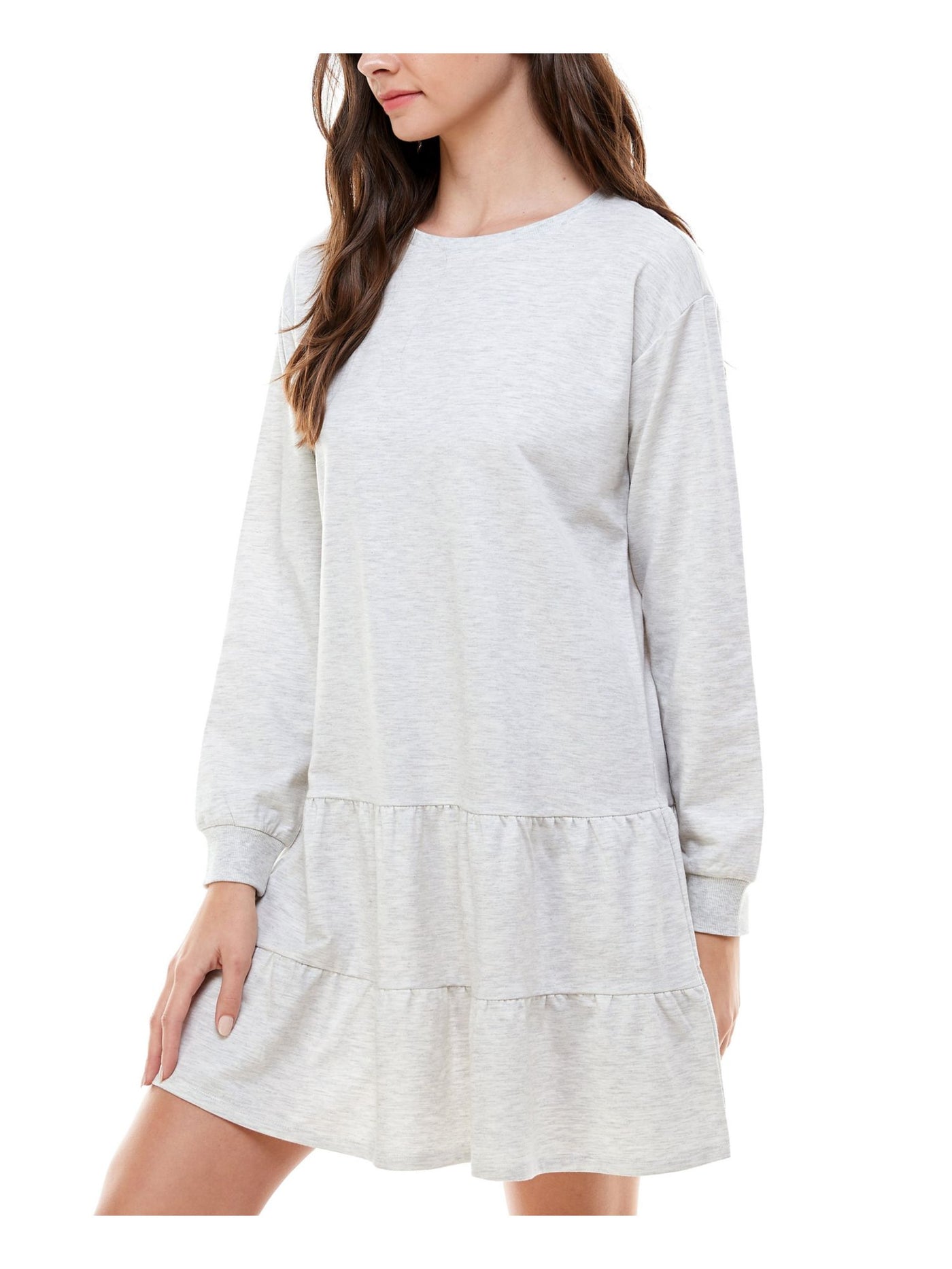 PLANET GOLD Womens Gray Ruffled Long Sleeve Crew Neck Short A-Line Dress S