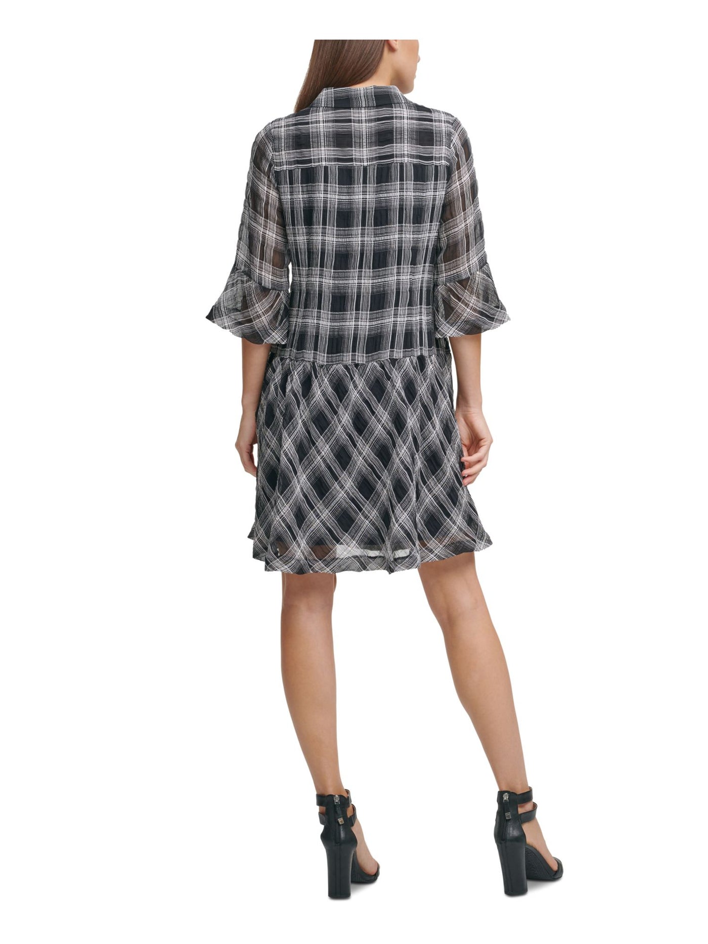 DKNY Womens Navy Plaid 3/4 Sleeve Point Collar Short Party Drop Waist Dress 2