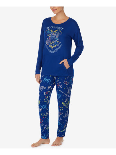 HYBRID APPAREL Womens Blue Graphic Top Elastic Band Long Sleeve Skinny Pants Pajamas M