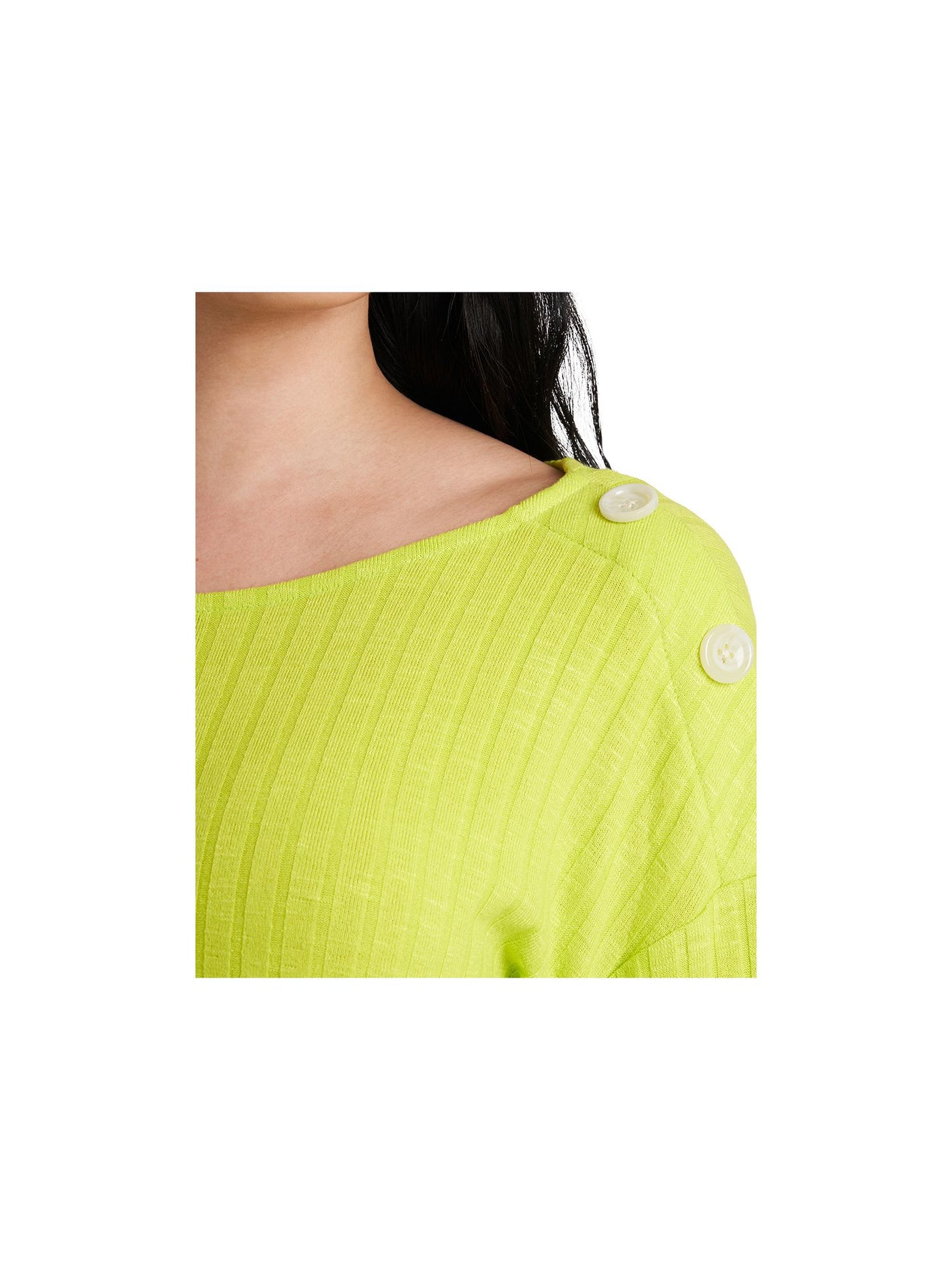 RILEY&RAE Womens Green Neon Lime Button-detail Long Sleeve Scoop Neck Top M