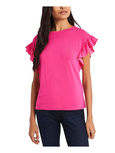 RILEY&RAE Womens Pink Stretch Ruffled Flutter Sleeve Crew Neck Wear To Work Top M