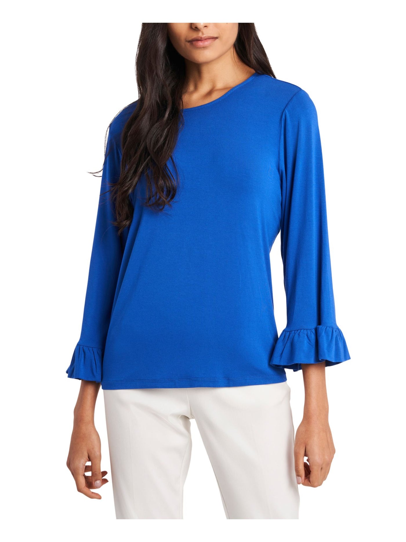 RILEY&RAE Womens Stretch Ruffled 3/4 Sleeve Jewel Neck Top