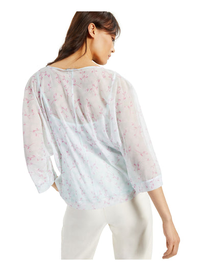 ALFANI Womens Aqua Sheer Floral 3/4 Sleeve Boat Neck Top XL