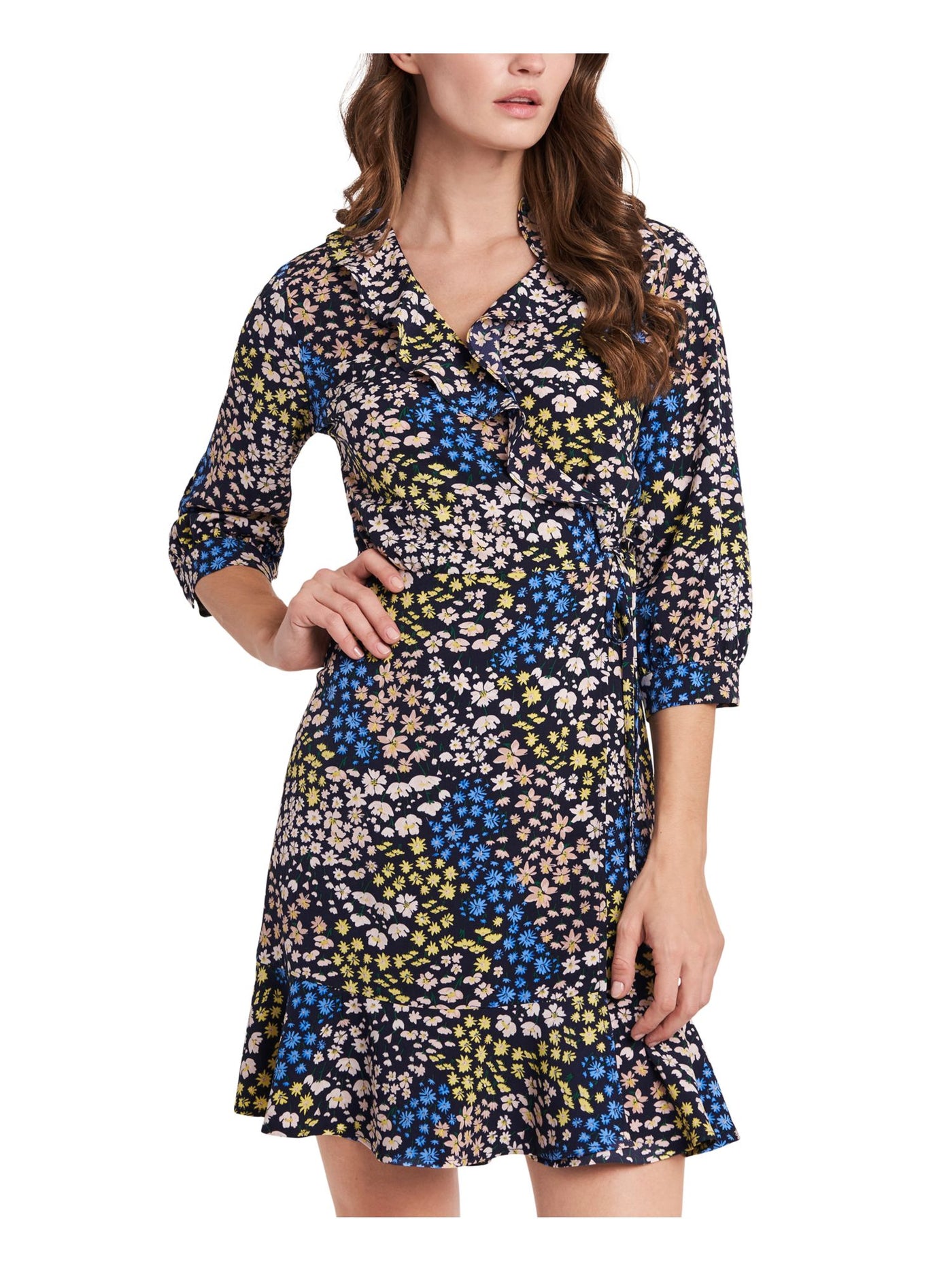 RILEY&RAE Womens Navy Ruffled Tie Floral 3/4 Sleeve Surplice Neckline Short Party Wrap Dress 0