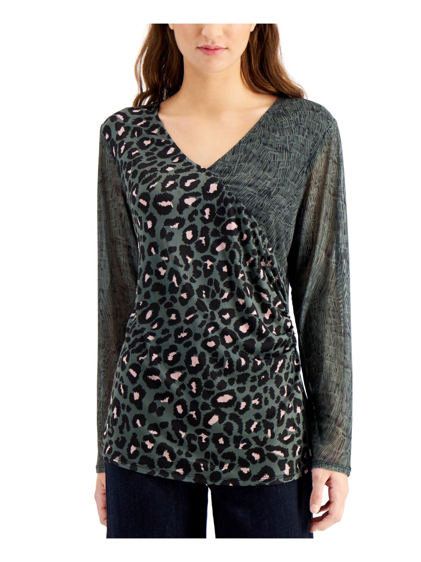 WILLOW DRIVE Womens Green Mesh Printed Long Sleeve V Neck Faux Wrap Top Size: L