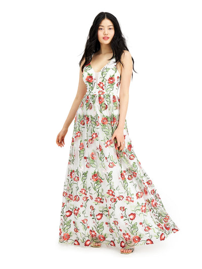 CITY STUDIO Womens Ivory Embroidered Zippered Gown Floral Sleeveless V Neck Full-Length Dress 3