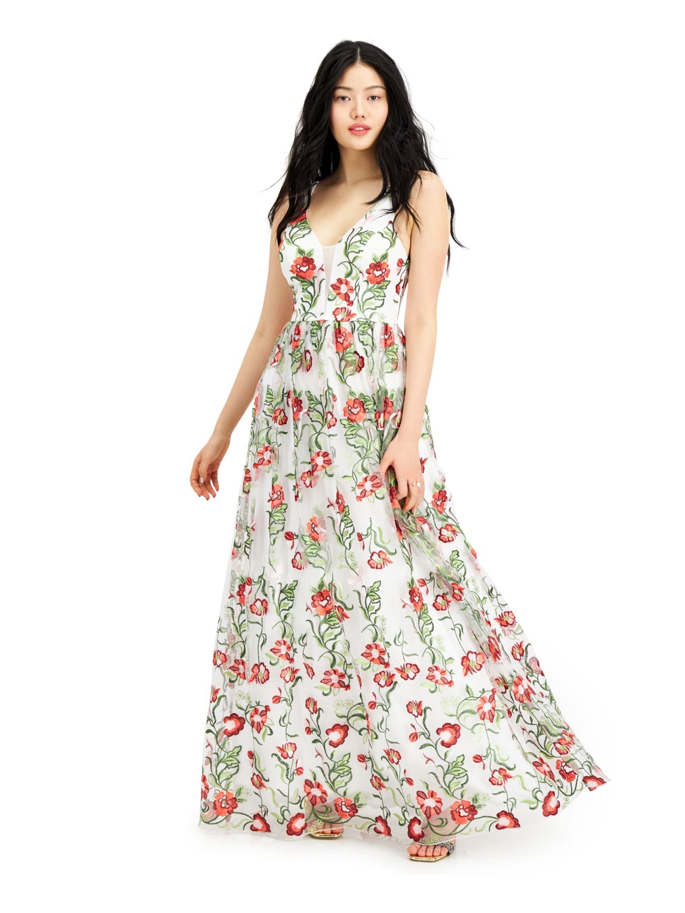 CITY STUDIO Womens Ivory Embroidered Zippered Gown Floral Sleeveless V Neck Full-Length Dress 1