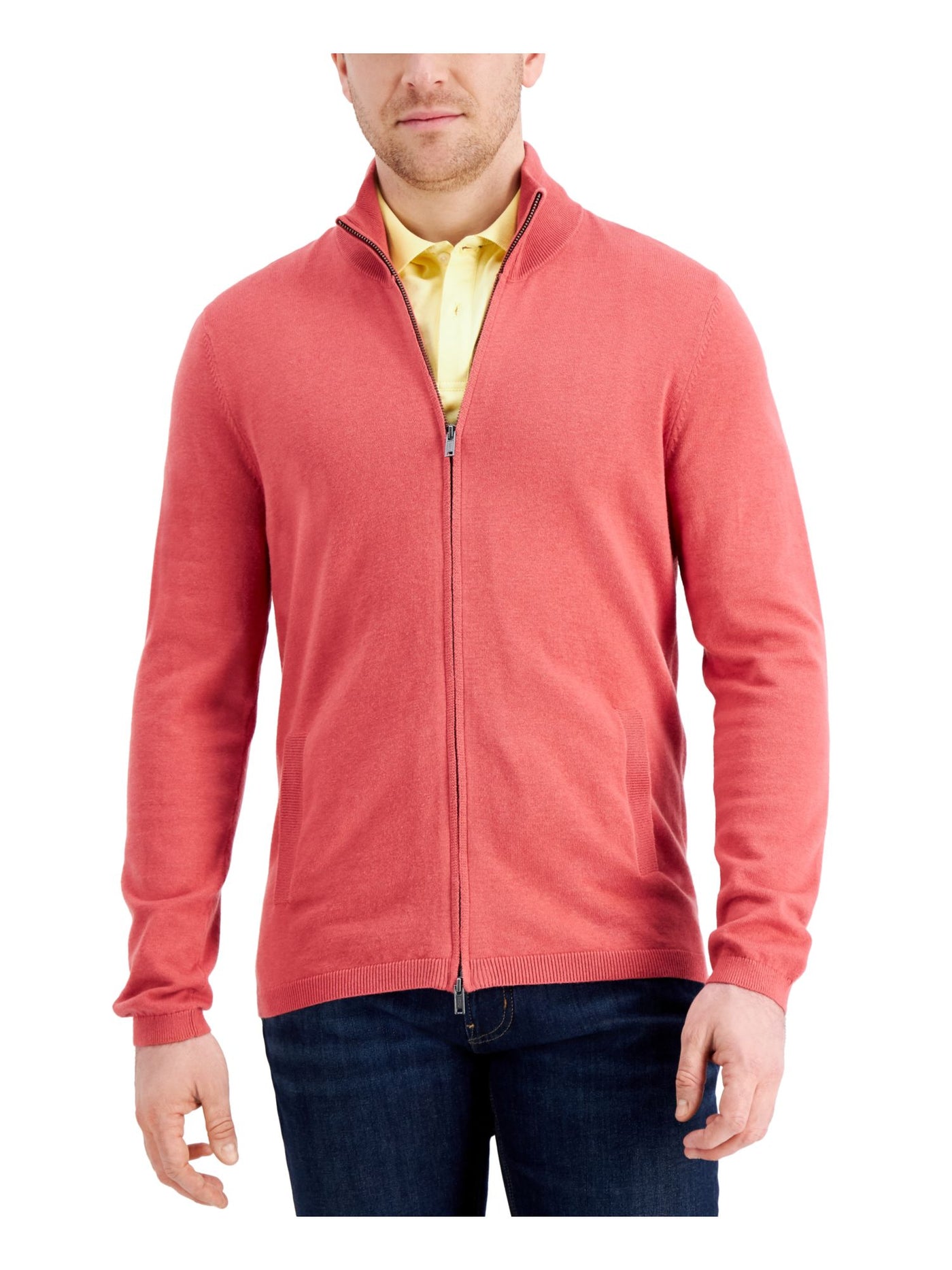 TASSO ELBA Mens Coral Mock Neck Classic Fit Full Zip Stretch Cardigan Sweater S