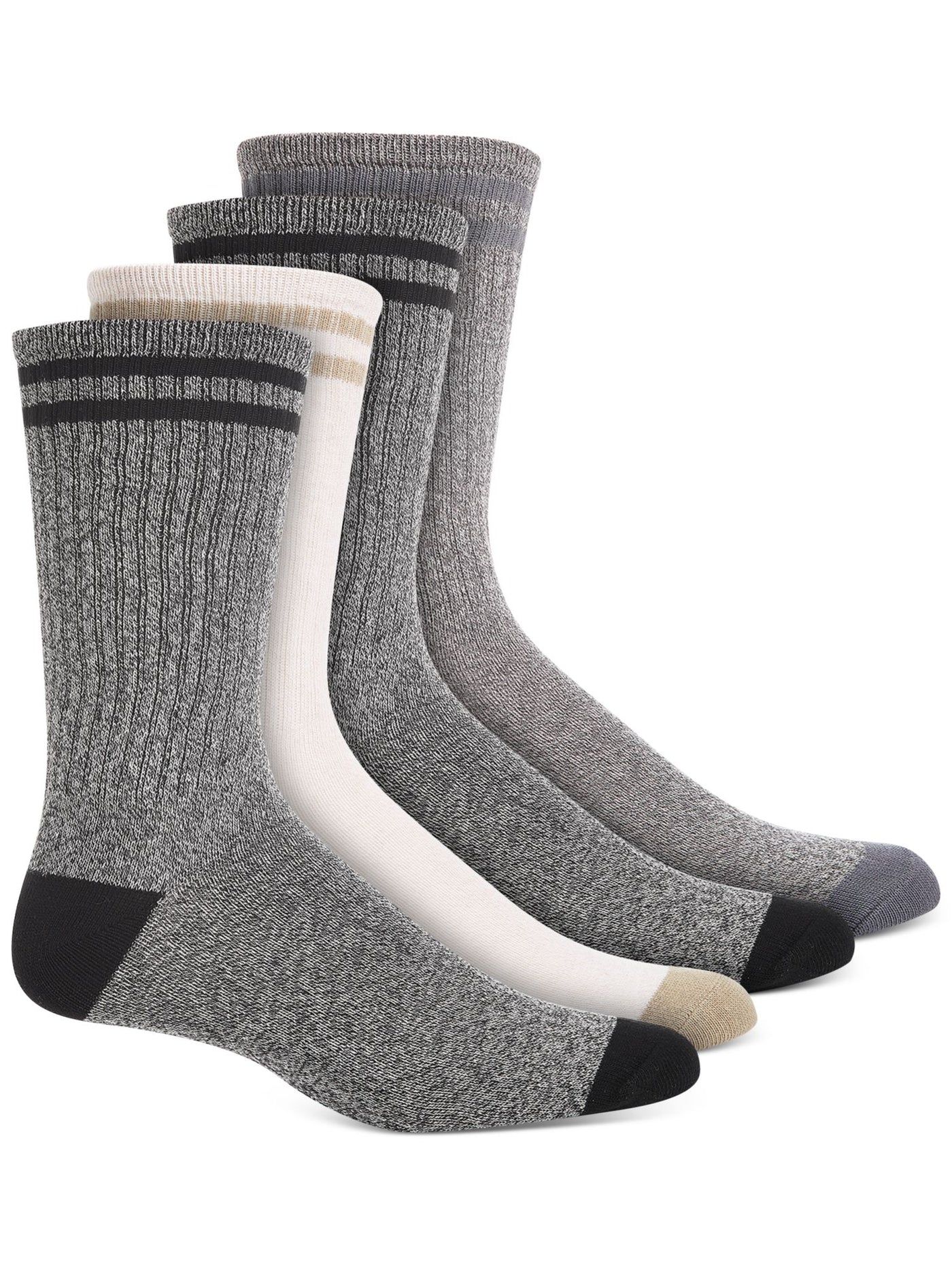 SUN STONE Mens 4 Pack Tan Gray Double Stripe Logo At Ankle Ribbed Casual Crew Socks 7-12