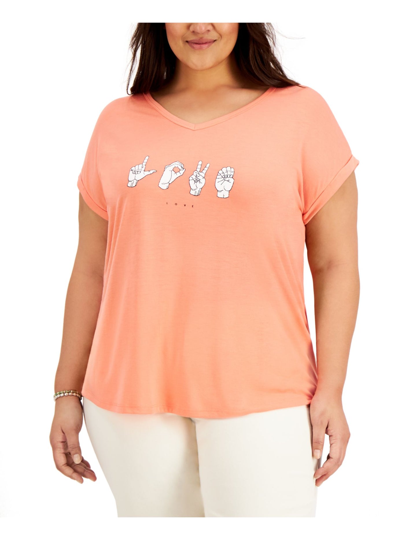 STYLE & COMPANY Womens Coral Graphic Roll-tab Sleeve V Neck T-Shirt Plus 1X