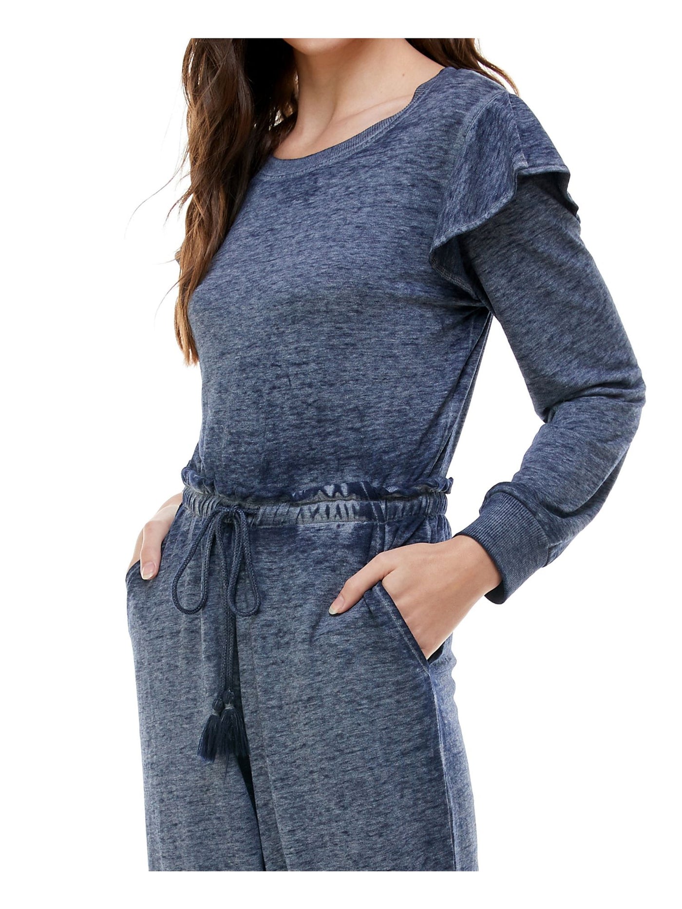 PLANET GOLD Womens Navy Long Sleeve Jewel Neck Cuffed Jumpsuit XS