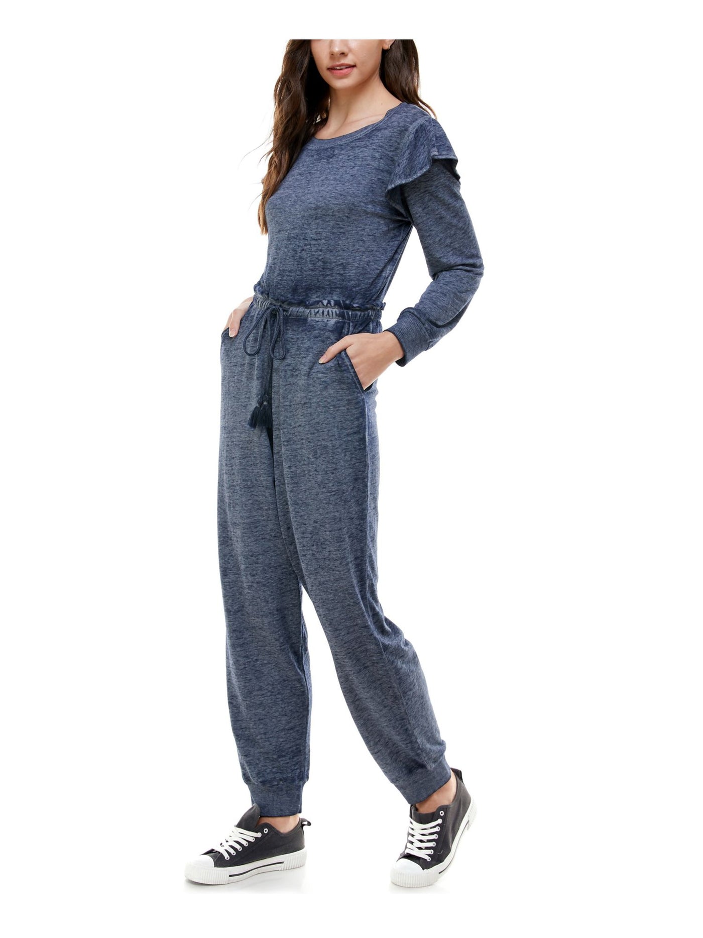 PLANET GOLD Womens Navy Long Sleeve Jewel Neck Cuffed Jumpsuit XS