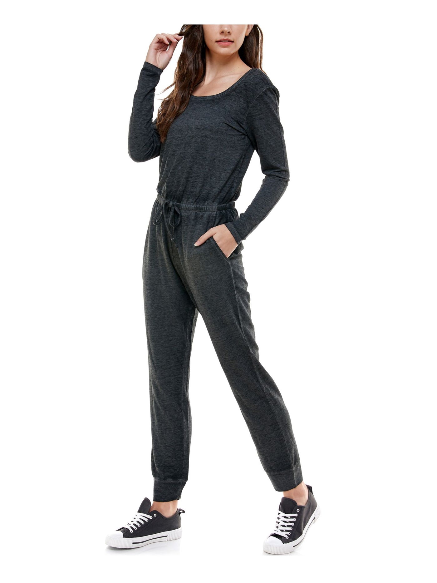 PLANET GOLD Womens Gray Long Sleeve Jewel Neck Cuffed Jumpsuit XXS