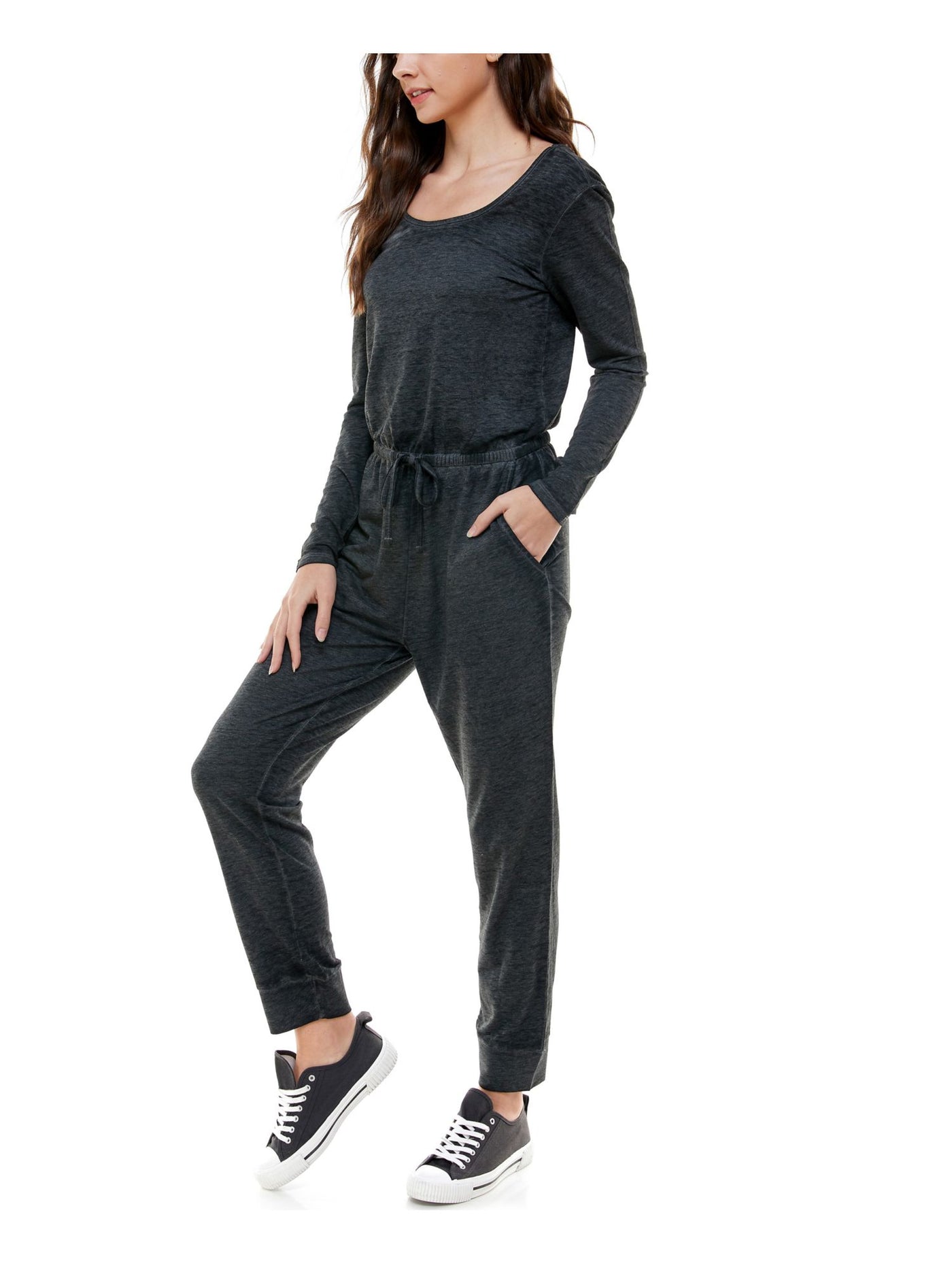 PLANET GOLD Womens Gray Long Sleeve Jewel Neck Cuffed Jumpsuit L