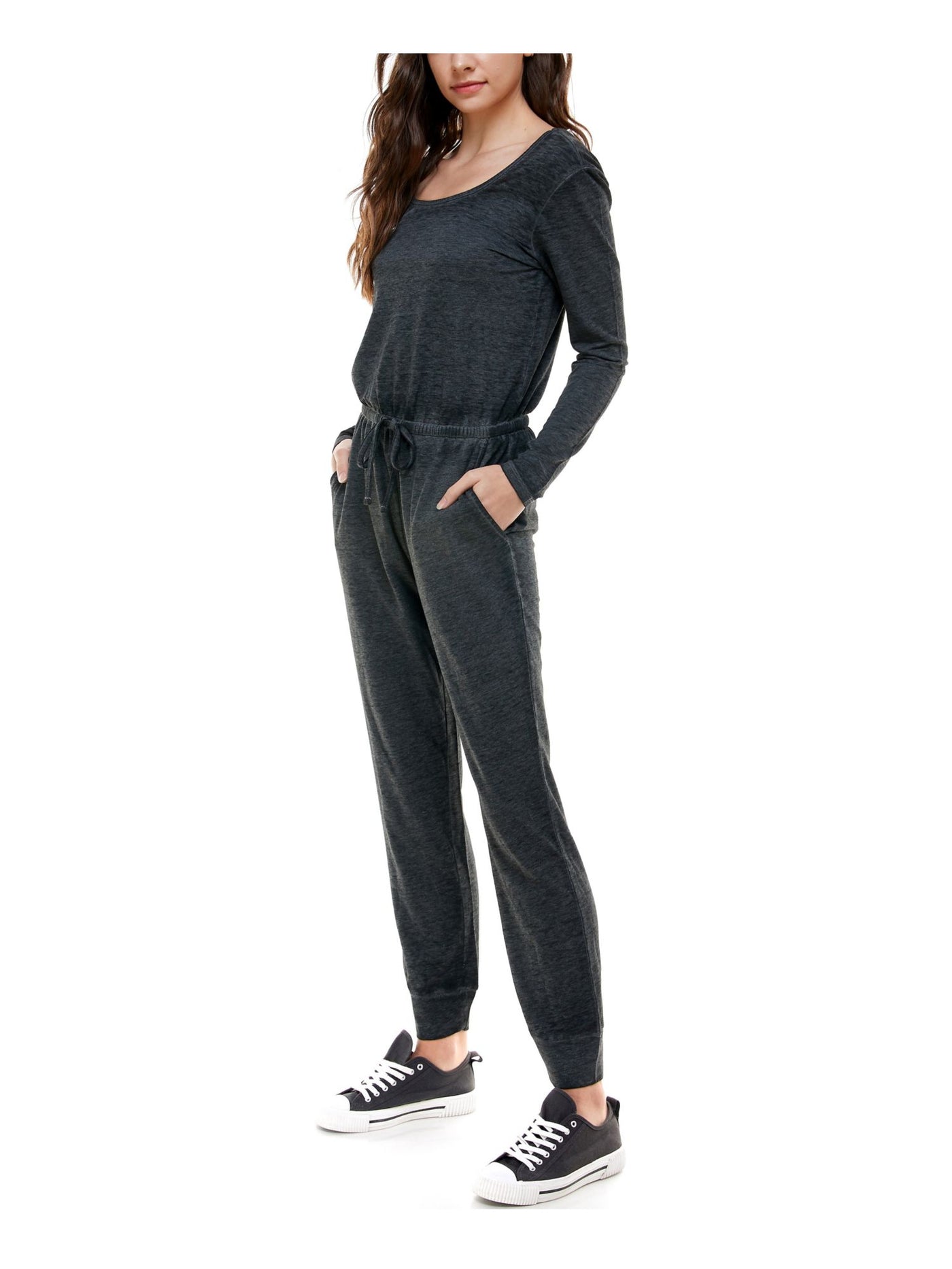 PLANET GOLD Womens Gray Long Sleeve Jewel Neck Cuffed Jumpsuit S