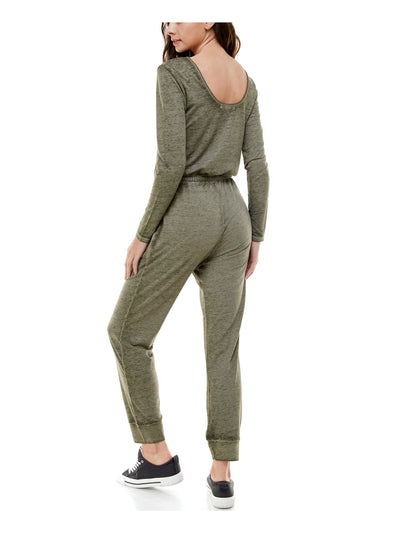 PLANET GOLD Womens Green Gathered Long Sleeve Jewel Neck Cuffed Jumpsuit S