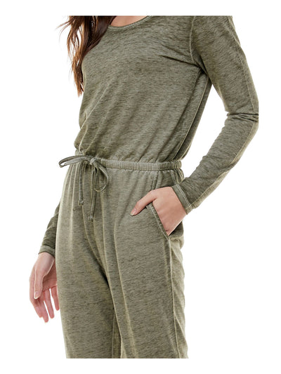 PLANET GOLD Womens Green Gathered Long Sleeve Jewel Neck Cuffed Jumpsuit S