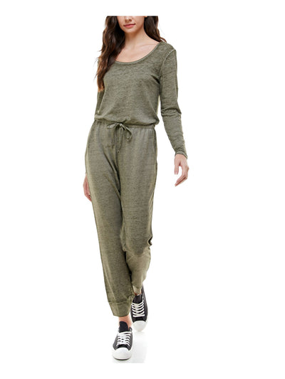 PLANET GOLD Womens Green Gathered Long Sleeve Jewel Neck Cuffed Jumpsuit XS