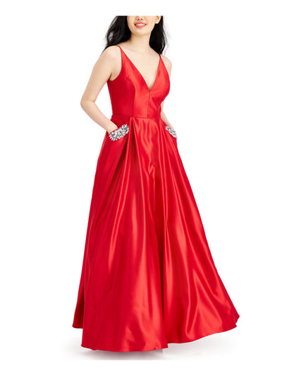 BLONDIE NITES Womens Red Embellished Zippered Pocket Gown Spaghetti Strap V Neck Full-Length Formal Dress 3