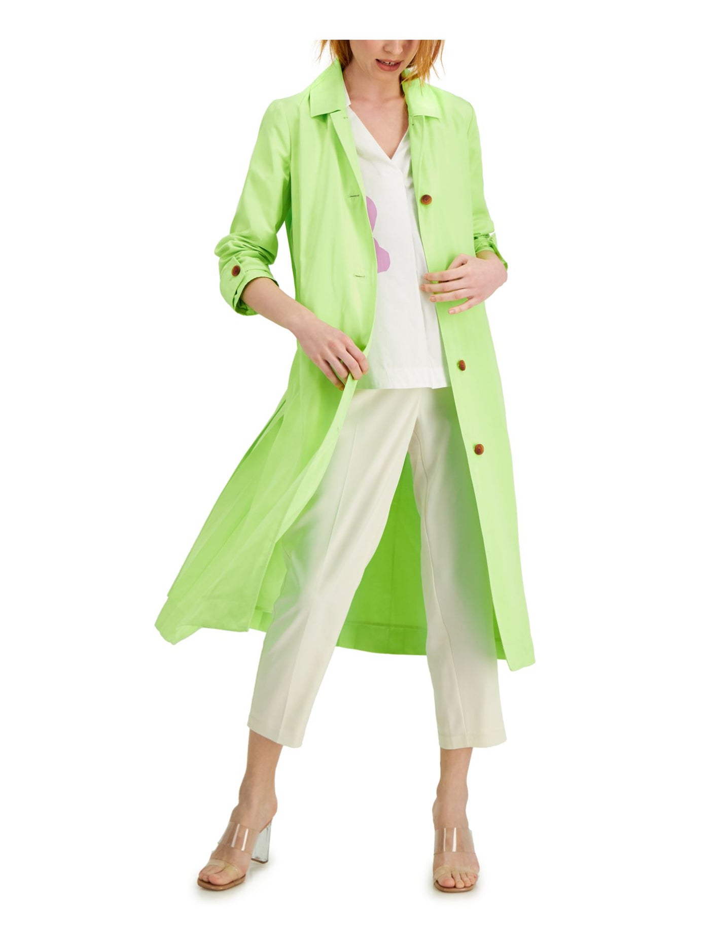 ALFANI Womens Green Pleated Pocketed Buttoned Trench Coat XL