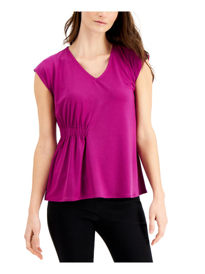 ALFANI Womens Purple Ruched Cap Sleeve V Neck Top S