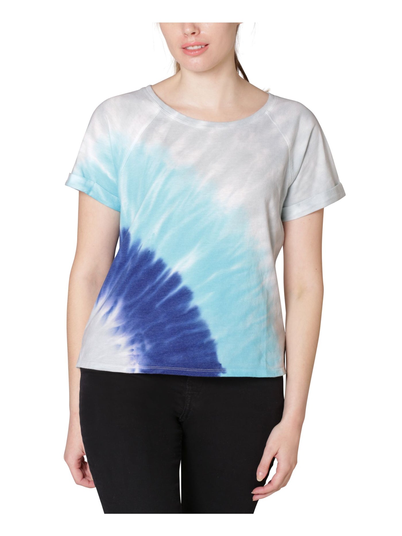 ULTRA FLIRT Womens Blue Short Length Rolled Cuffs Vented Hem Tie Dye Short Sleeve Crew Neck T-Shirt L