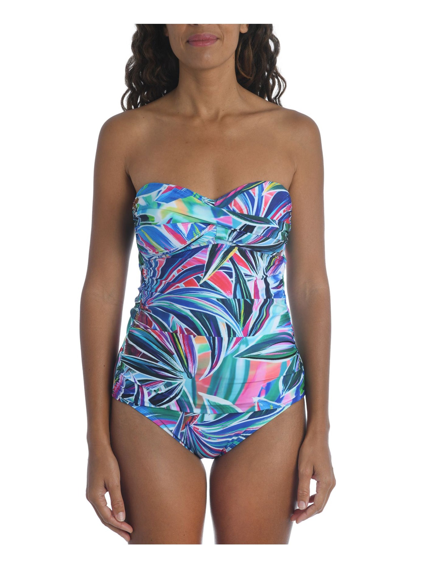 LA BLANCA Women's Blue Printed Twist Front Bandeau Tankini Swimsuit Top 8