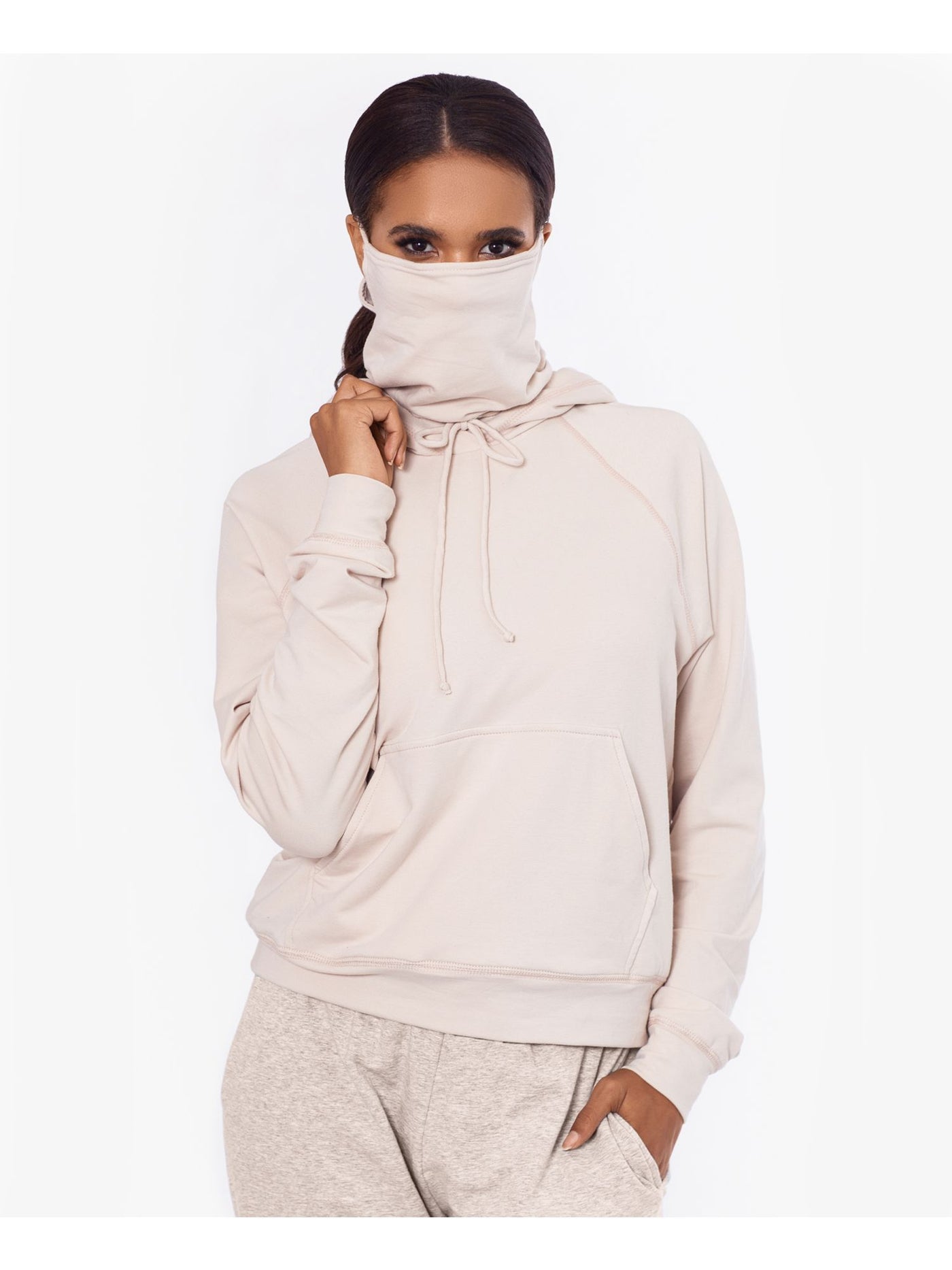 BAM BY BETSY & ADAM Womens Beige Stretch Tie Built-in Mask, Relaxed Fit Long Sleeve Hoodie Top S