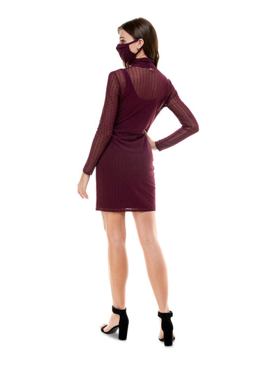 PLANET GOLD Womens Burgundy Sheer Long Sleeve Illusion Neckline Above The Knee Sheath Dress XS