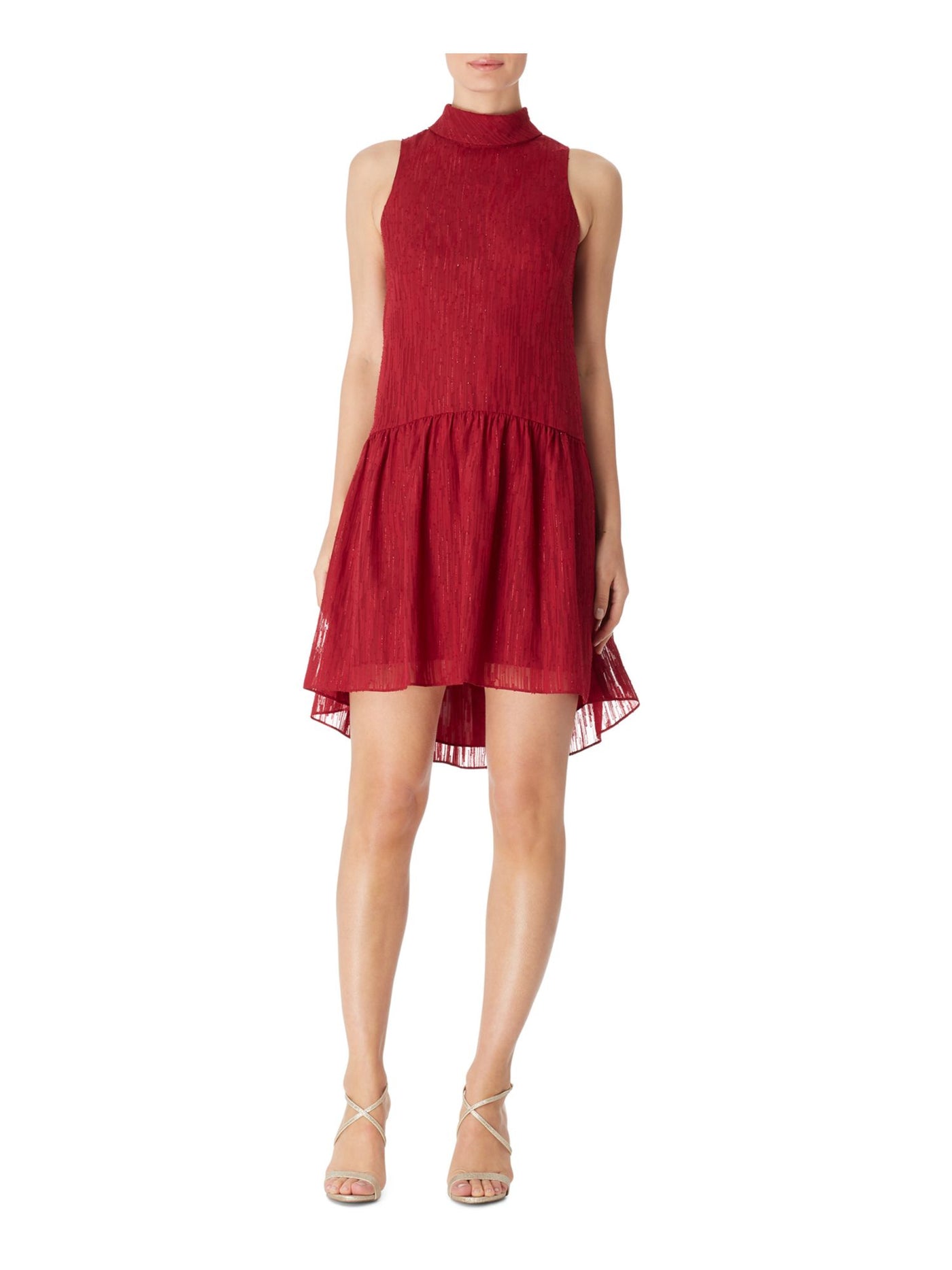 BAR III DRESSES Womens Red Glitter Threaded Mock Neck Sleeveless Short Wear To Work Drop Waist Dress 14