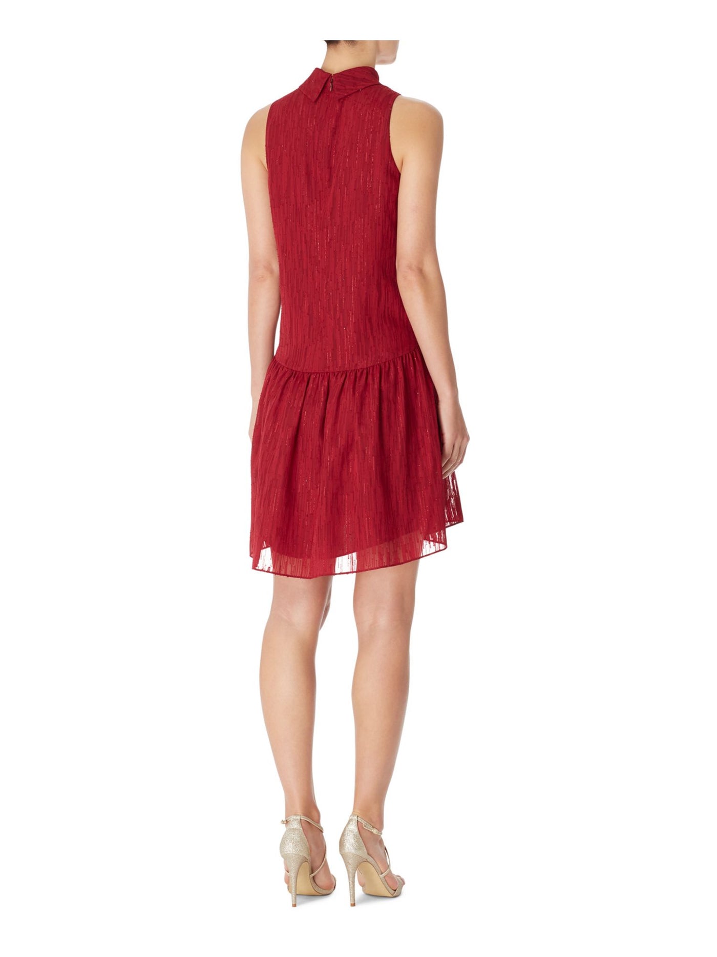 BAR III DRESSES Womens Red Glitter Threaded Mock Neck Sleeveless Short Wear To Work Drop Waist Dress 14