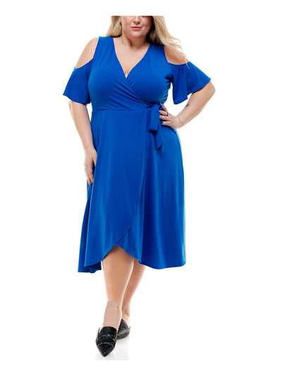 KINGSTON GREY Womens Blue Cold Shoulder Tie Flutter Sleeve Surplice Neckline Midi Cocktail Fit + Flare Dress Plus 1X