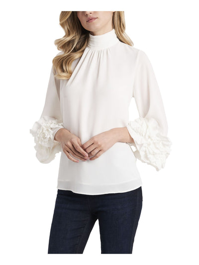 VINCE CAMUTO Womens White Ruffled 3/4 Sleeve Mock Neck Wear To Work Top XS