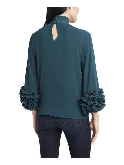 VINCE CAMUTO Womens Teal Ruffled Gathered Keyhole Back 3/4 Sleeve Mock Neck Wear To Work Top XS