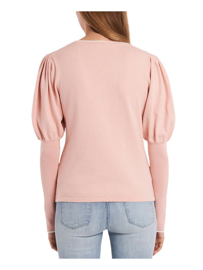 RILEY&RAE Womens Pink Stretch Pleated Ribbed Pouf Sleeve Jewel Neck Sweater S