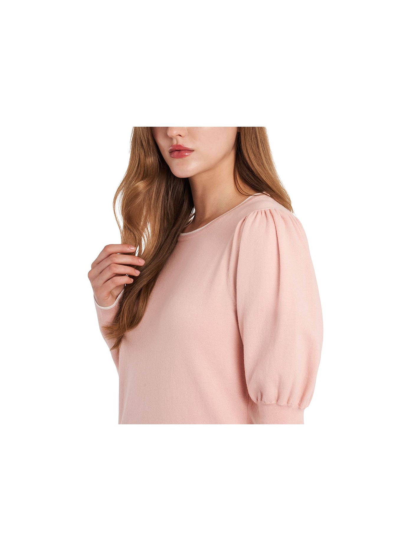 RILEY&RAE Womens Pink Stretch Pleated Ribbed Pouf Sleeve Jewel Neck Sweater S