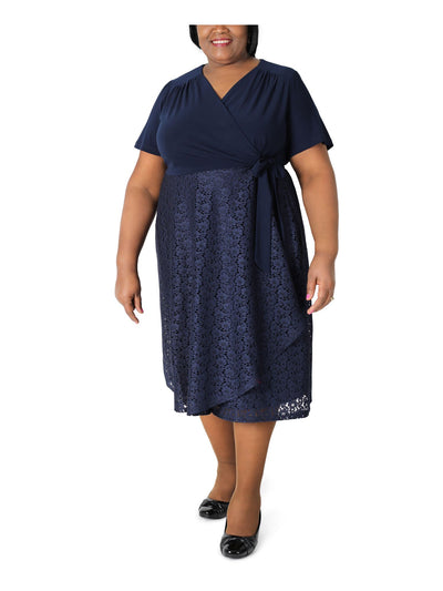 SIGNATURE BY ROBBIE BEE Womens Navy Stretch Lace Tie Jersey-knit Ruched Short Sleeve Surplice Neckline Midi Evening Wrap Dress Plus 2X
