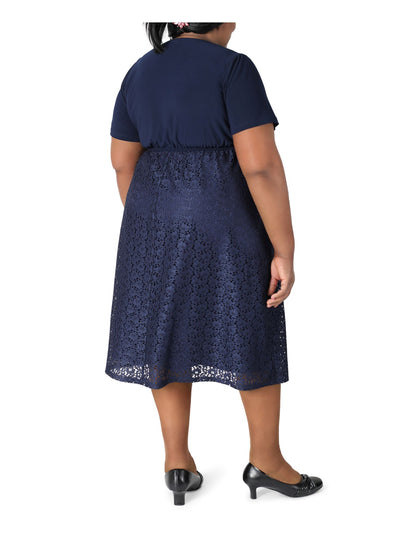SIGNATURE BY ROBBIE BEE Womens Navy Stretch Lace Tie Jersey-knit Ruched Short Sleeve Surplice Neckline Midi Evening Wrap Dress Plus 2X